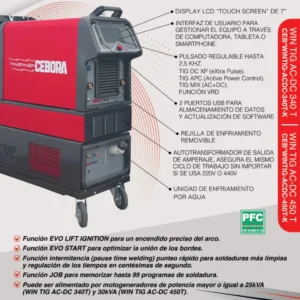 Funciones de la Cebora WIN TIG AC-DC 450 T: pantalla táctil de 7 pulgadas, pulsado hasta 2.5 kHz, TIG XP, APC, MIX y VRD