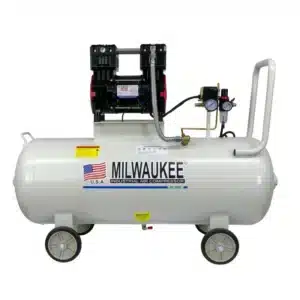 Compresor libre de aceite Milwaukee OL25100 de 2 HP con tanque horizontal de 100 litros y ruedas