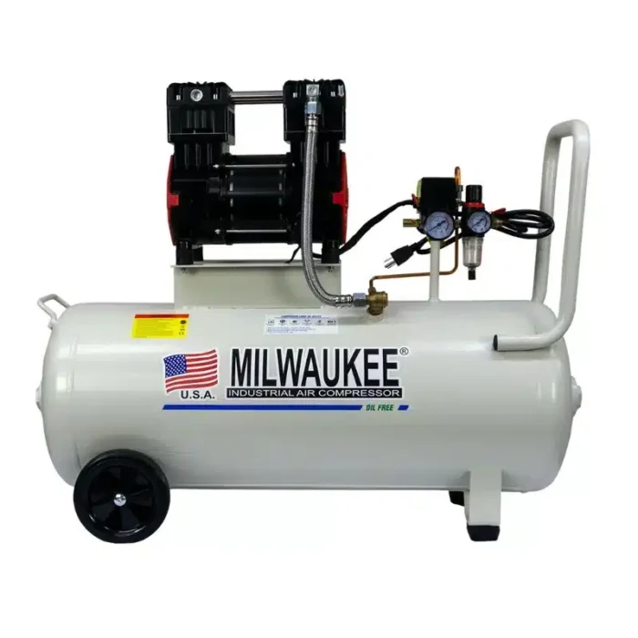 Compresor libre de aceite Milwaukee OL2570 de 2 HP con tanque horizontal de 70 litros y ruedas