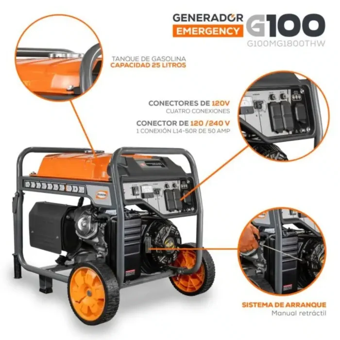 Tanque, contactos y arranque del generador G100MG1800THW Generador Evans G100MG1800THW: tanque de gasolina de 25 litros, contactos de 120 V y de 120/240 V y arranque manual retráctil