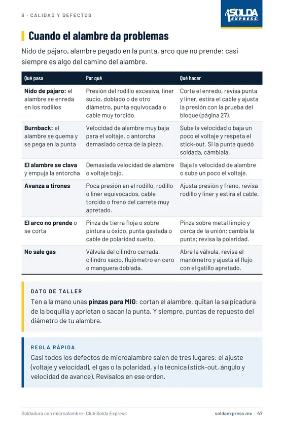 Página del ebook con las causas del nido de pájaro y del alambre pegado en la punta