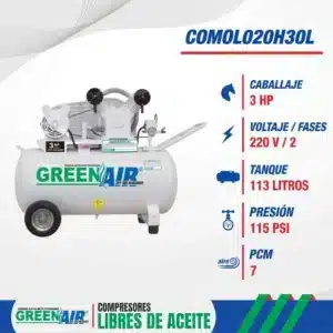 Características del compresor Milwaukee COMOL020H30L: 3 HP, 220 V a 2 fases, tanque de 113 litros, 115 PSI y 7 PCM