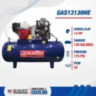 Características del compresor Milwaukee GAS13130HE: 13 HP, tanque de 130 galones, 175 PSI y 22 PCM