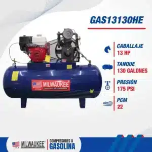 Características del compresor Milwaukee GAS13130HE: 13 HP, tanque de 130 galones, 175 PSI y 22 PCM