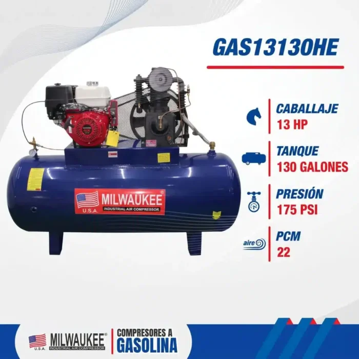 Características del compresor Milwaukee GAS13130HE: 13 HP, tanque de 130 galones, 175 PSI y 22 PCM