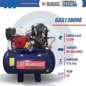 Características del compresor Milwaukee GAS1380HE: 13 HP, tanque de 80 galones, 175 PSI y 22 PCM