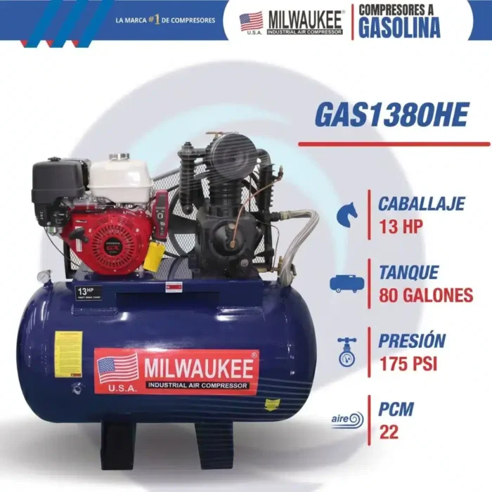 Características del compresor Milwaukee GAS1380HE: 13 HP, tanque de 80 galones, 175 PSI y 22 PCM
