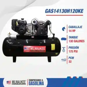 Características del compresor Milwaukee GAS14130H120KE: 14 HP, tanque de 130 galones, 175 PSI y 32 PCM