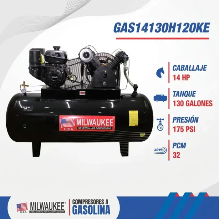 Características del compresor Milwaukee GAS14130H120KE: 14 HP, tanque de 130 galones, 175 PSI y 32 PCM