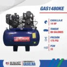 Características del compresor Milwaukee GAS1480KE: 14 HP, tanque de 80 galones, 175 PSI y 22 PCM