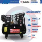 Características del compresor Milwaukee GAS930H50W: 9 HP, tanque de 30 galones, 120 PSI y 22.4 PCM