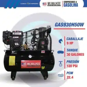 Características del compresor Milwaukee GAS930H50W: 9 HP, tanque de 30 galones, 120 PSI y 22.4 PCM