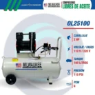 Características del compresor Milwaukee OL25100: 2 HP, 110 V / 220 V, tanque de 100 litros, 115 PSI y 4 PCM