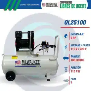 Características del compresor Milwaukee OL25100: 2 HP, 110 V / 220 V, tanque de 100 litros, 115 PSI y 4 PCM