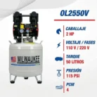 Características del compresor Milwaukee OL2550V: 2 HP, 110 V / 220 V, tanque de 50 litros, 115 PSI y 4 PCM
