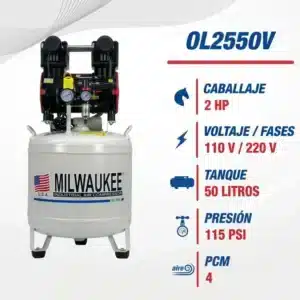 Características del compresor Milwaukee OL2550V: 2 HP, 110 V / 220 V, tanque de 50 litros, 115 PSI y 4 PCM