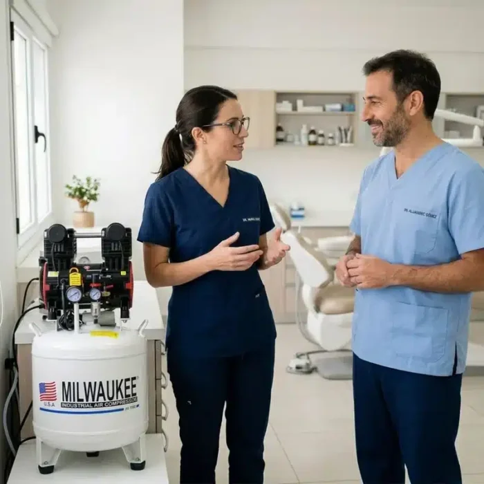 Compresor libre de aceite Milwaukee OL2550V en un consultorio dental; imagen de ambiente