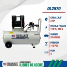 Características del compresor Milwaukee OL2570: 2 HP, 110 V / 220 V, tanque de 70 litros, 115 PSI y 4 PCM