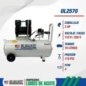 Características del compresor Milwaukee OL2570: 2 HP, 110 V / 220 V, tanque de 70 litros, 115 PSI y 4 PCM