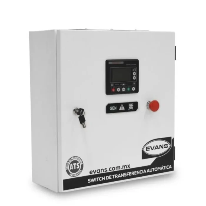 Switch de transferencia automática Evans ATS250A4P-G24 Switch de transferencia automática Evans ATS250A4P-G24 de 250 A con control de motor y el panel de control en la puerta del gabinete