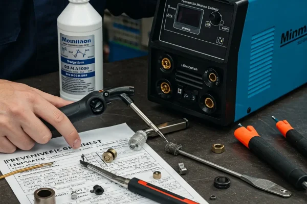 Mano de soldador realizando mantenimiento preventivo equipos de soldar para asegurar su correcto funcionamiento.