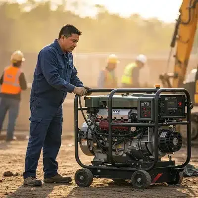 Profesional de la construcción realizando tareas de mantenimiento de generadores en obra.